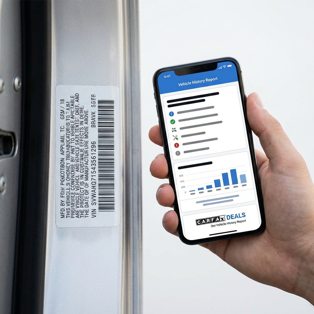 Close up of a VIN sticker and a person holding a smartphone showing a vehicle history report for hondas near me on white background with blue accents