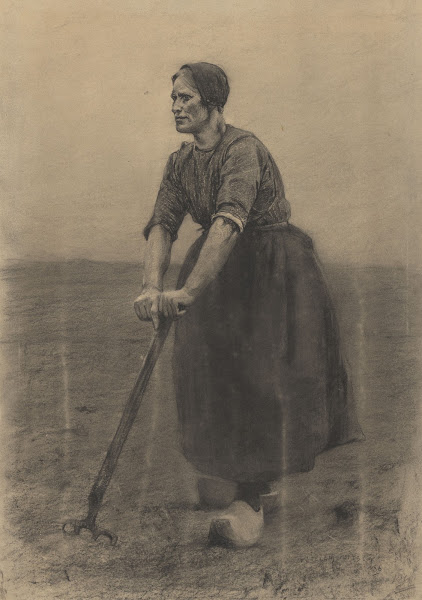 Boerenvrouw staande op een riek geleund 1885 1886
