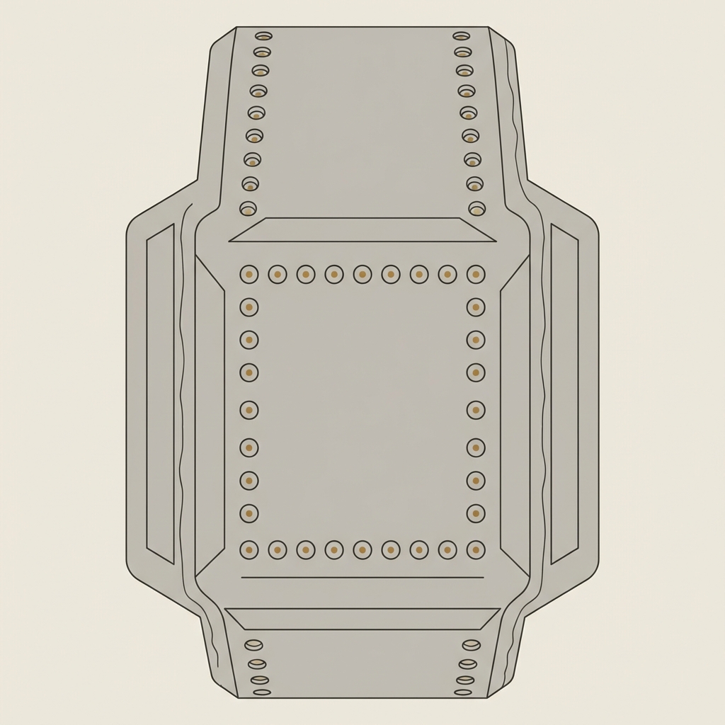 Top down vector close up of the inner face of a slab bracelet showing casting seam and punched decoration in old viking jewelry style on a warm neutral background