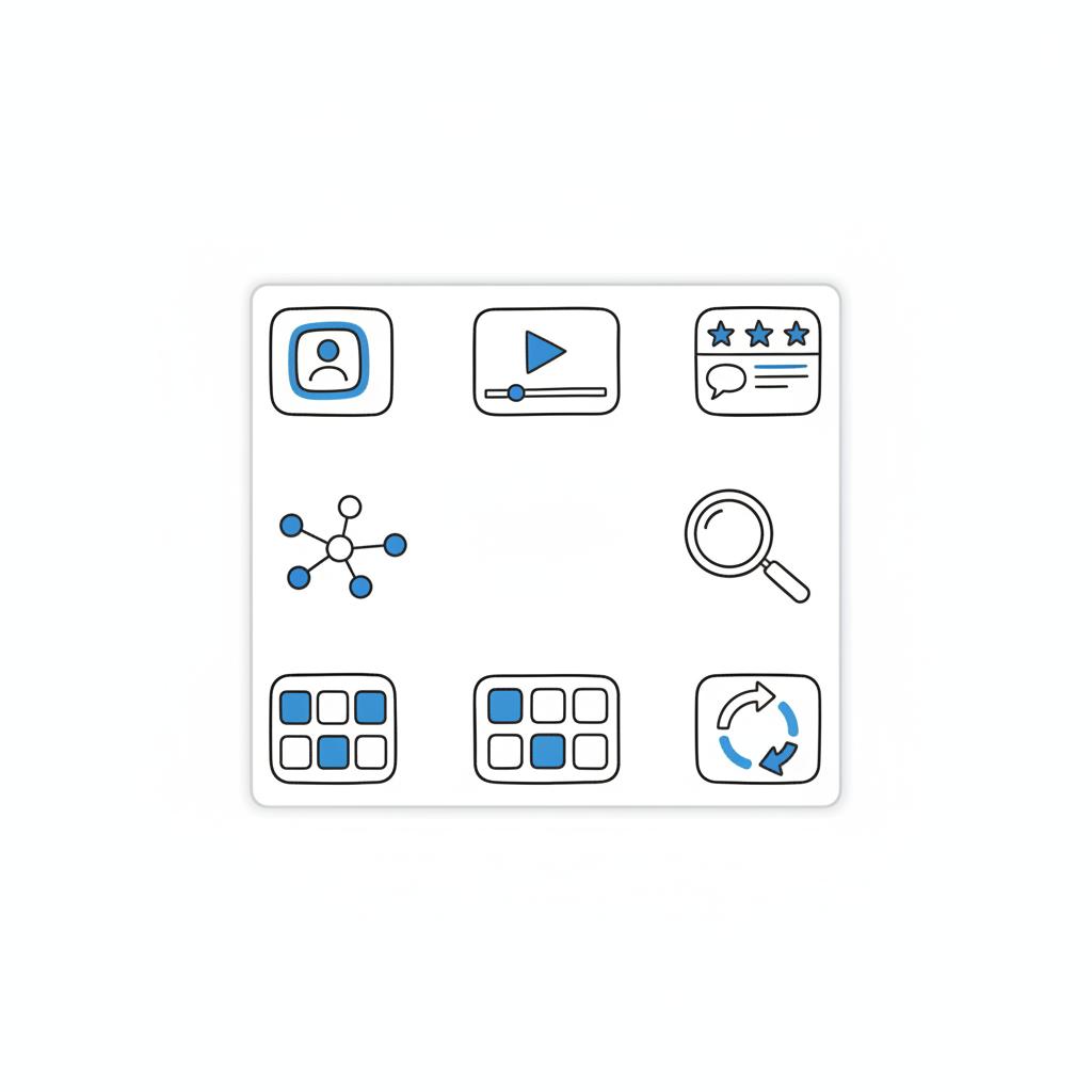 Minimalist 2D vector notebook-style grid of seven hand-sketched thumbnails illustrating personal branding pillars: identity tile, video, testimonial, network, search, template, evolution.