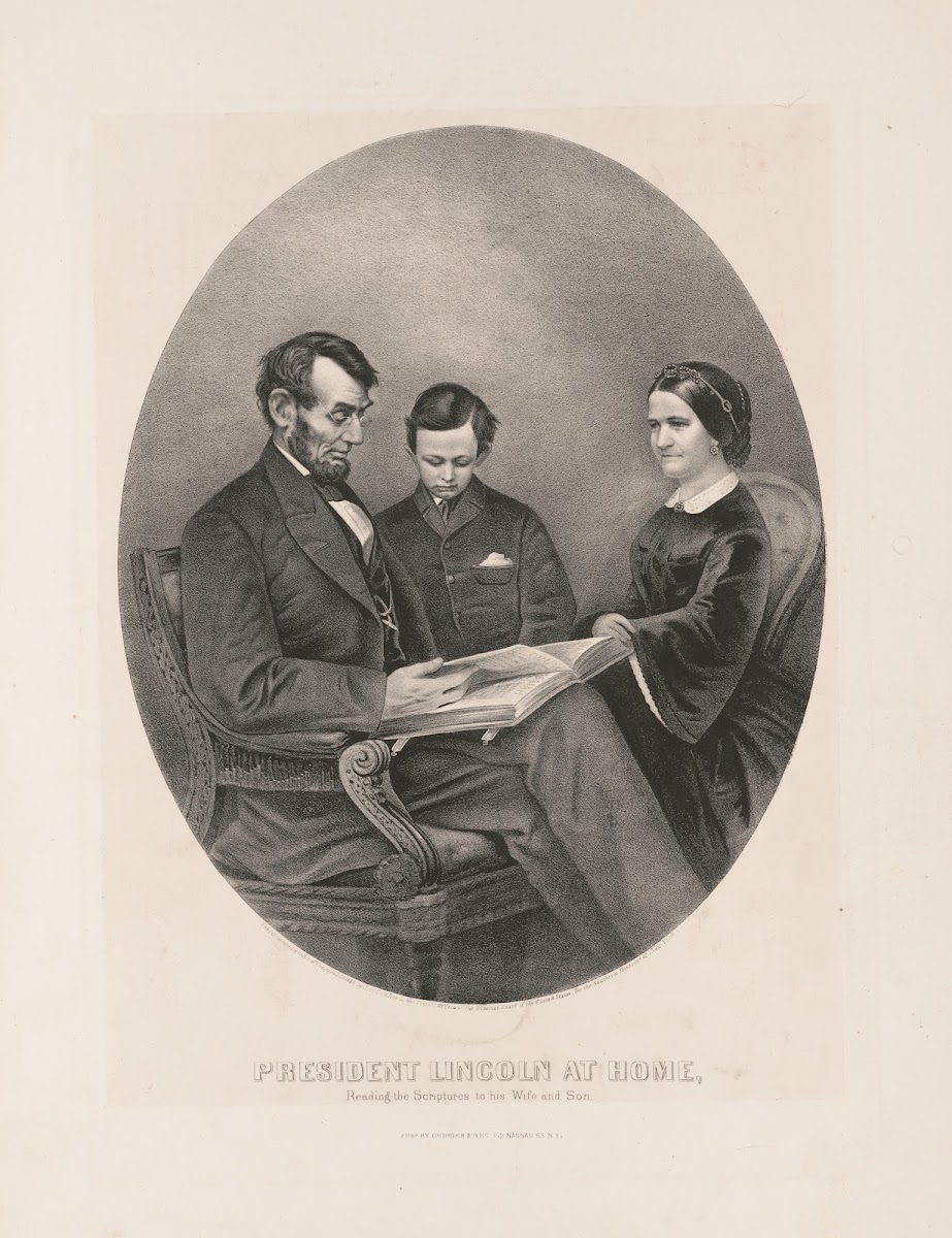 President Lincoln at home reading the scriptures to his wife and son 1865
