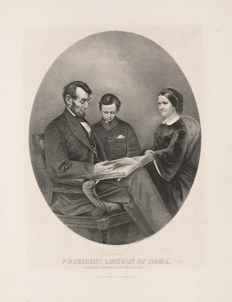 President Lincoln at home reading the scriptures to his wife and son 1865