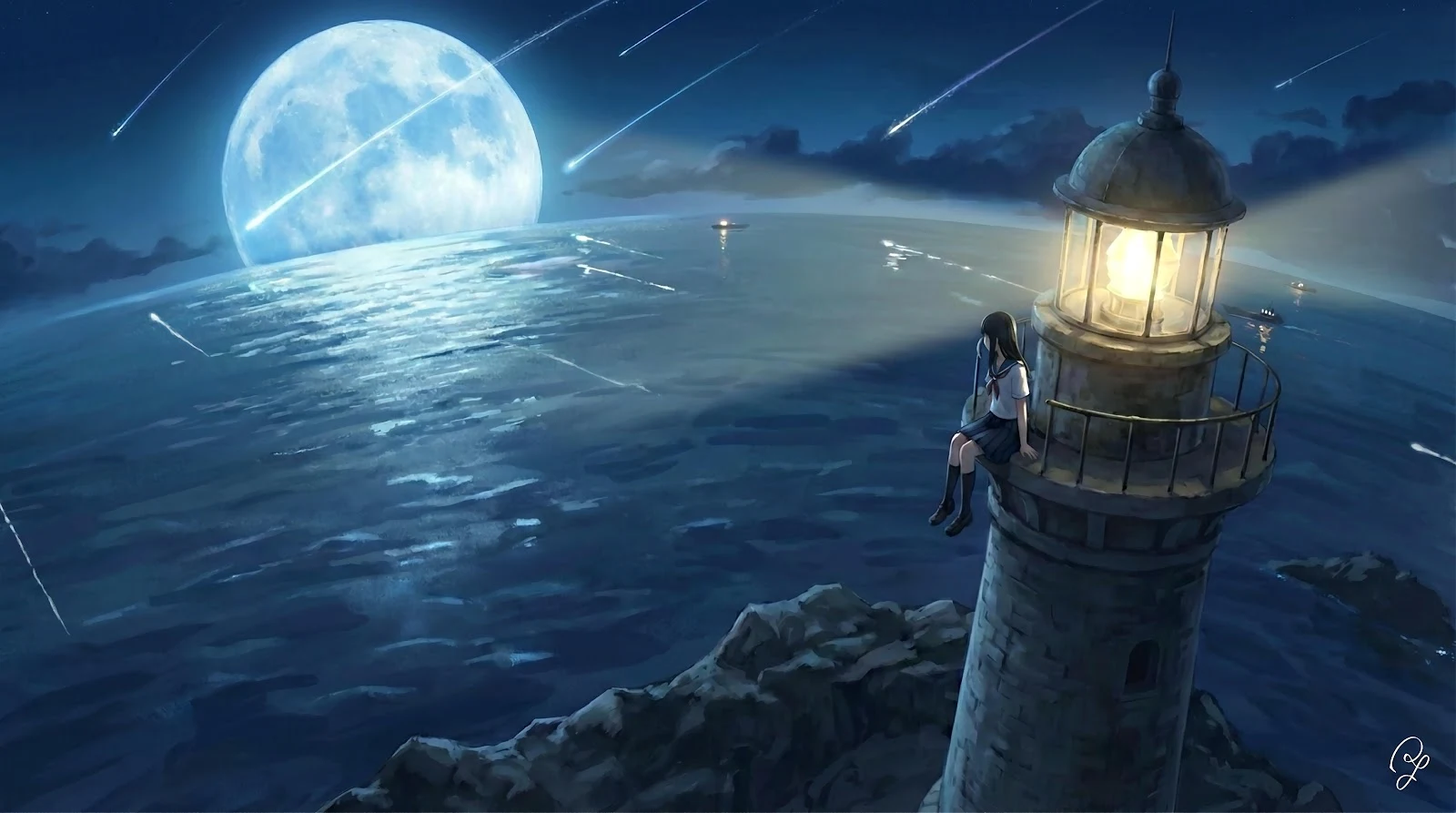 Girl On A Lighthouse At Midnight - Anime Digital Painting 5K Wallpaper (6689x3734)