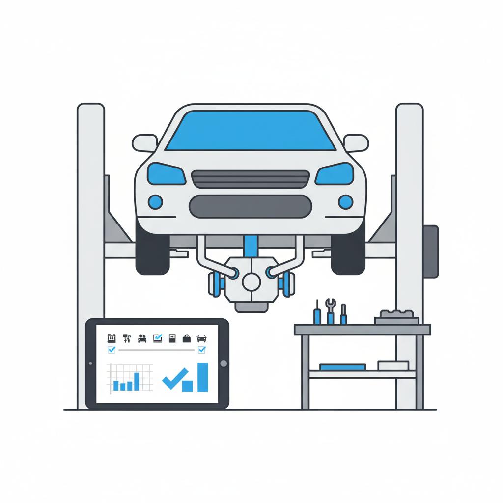 Minimalist 2D vector of a car on a lift exposing the transmission area and a tablet showing a visual vehicle history summary with blue accents used honda accord for sale