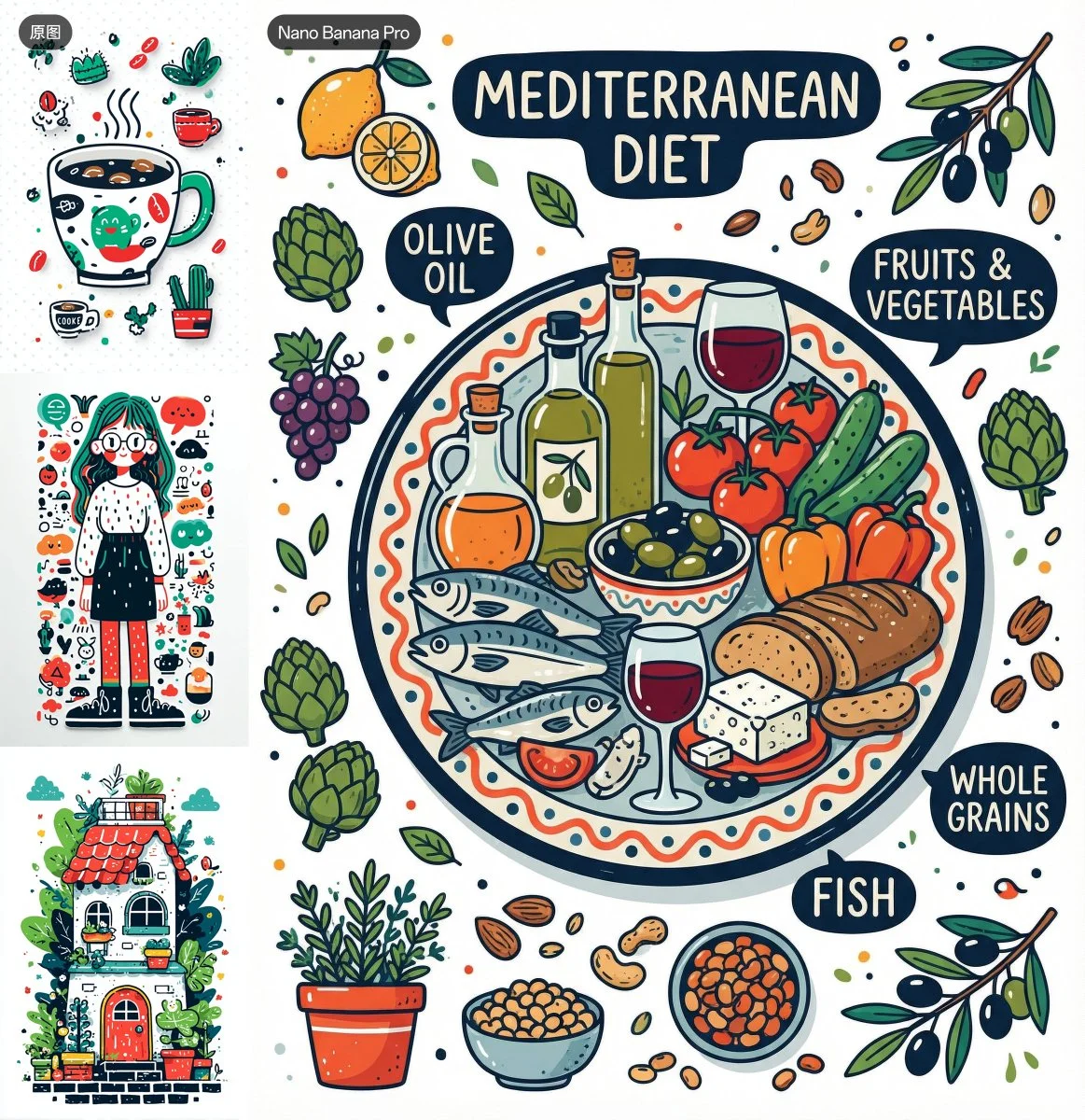Dibuja una ilustración de la dieta mediterránea al estilo de tres imágenes.