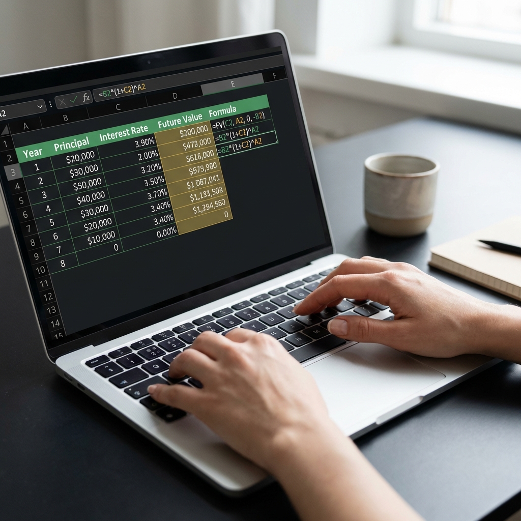 Close up of hands typing spreadsheet with compound interest calculations on a laptop illustrating how to start a brokerage account