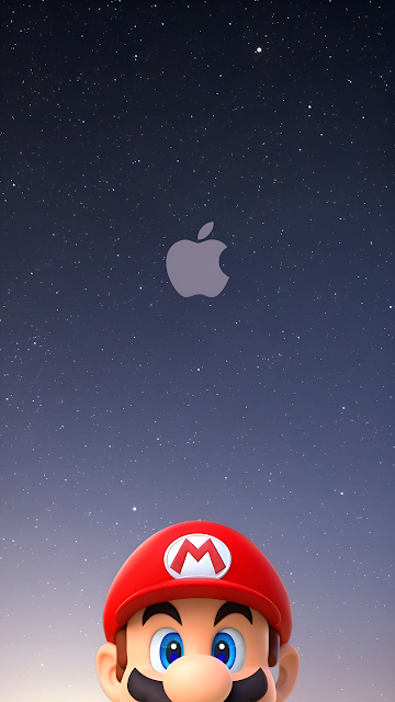 Super Mario Peeking Under Apple Logo Starry Night Sky - Free mobile Wallpaper
