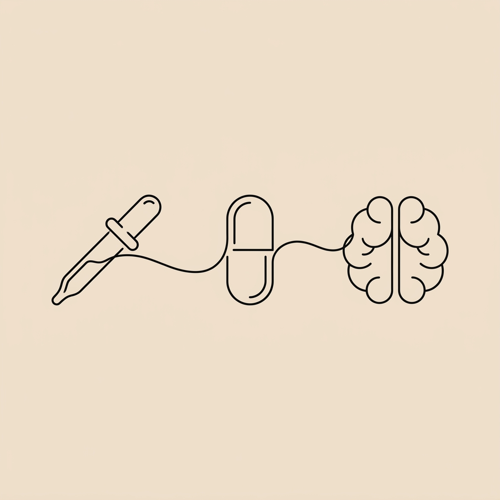 Minimalist Tonum style line illustration of a lab pipette capsule and brain connected by a thin line on a beige background referencing amyloid research and wellness