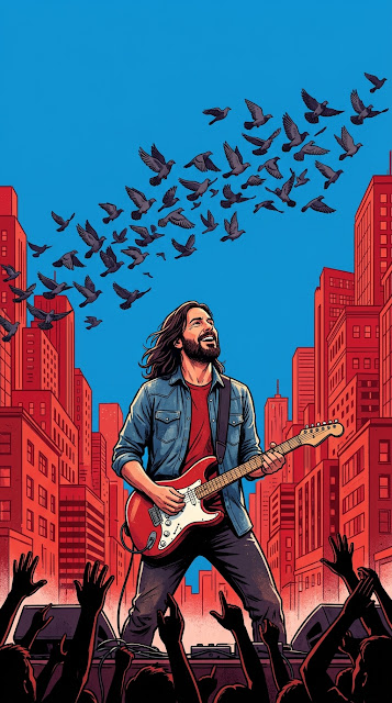 Illustration of Guitarist Looking Up at Birds in Red Urban Setting - Free mobile Wallpaper