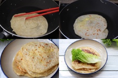 Làm nóng chảo với một chút dầu ăn, cho bột vào chiên vàng đều một mặt sau đó lật sang mặt kia để chiên. Chế một chút trứng lên mặt bánh đợi thẩm thấu hết thì lật ngược mặt kia lại làm tiếp. Làm cho đến khi hết bột và trứng. Trải bánh ra, phết tương ớt và đặt rau xà lách lên cuộn lại xếp ra dĩa.