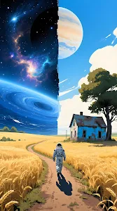 Astronaut Walking Between Cosmic Space and Wheat Field