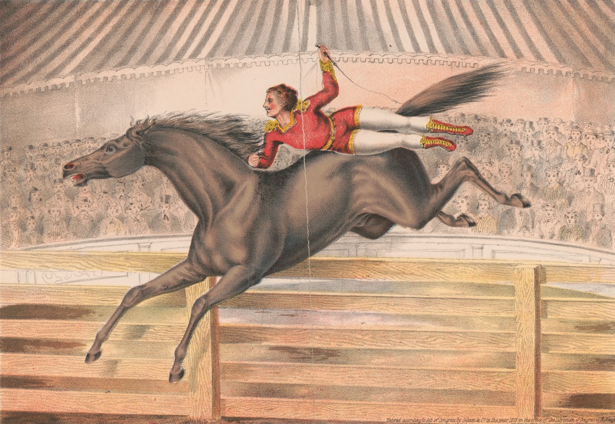 Circus performer riding a vaulting horse bareback 1873
