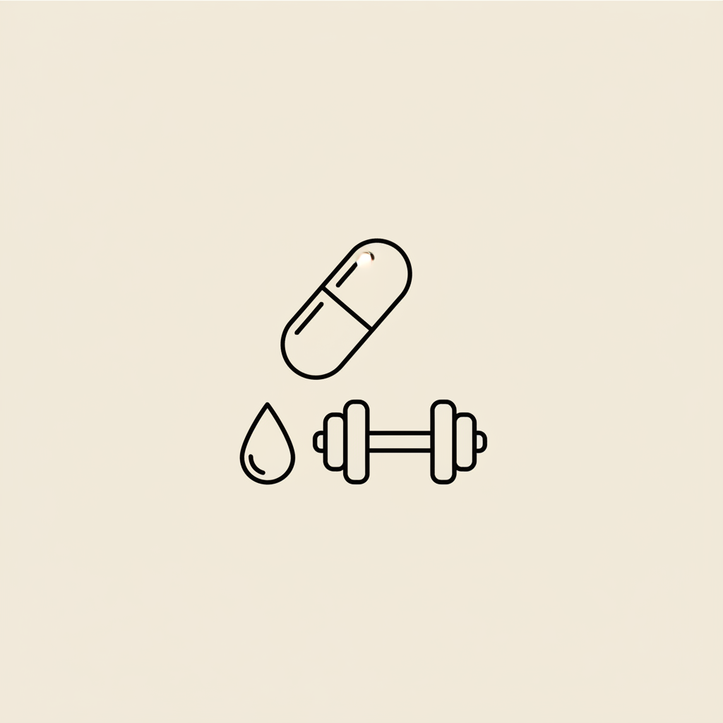 Minimal line illustration of a capsule, water droplet and dumbbell on beige background representing supplements, hydration and exercise — can i lose weight taking creatine