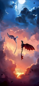 Two Dragons Flying Above Sunset Clouds Fantasy Art
