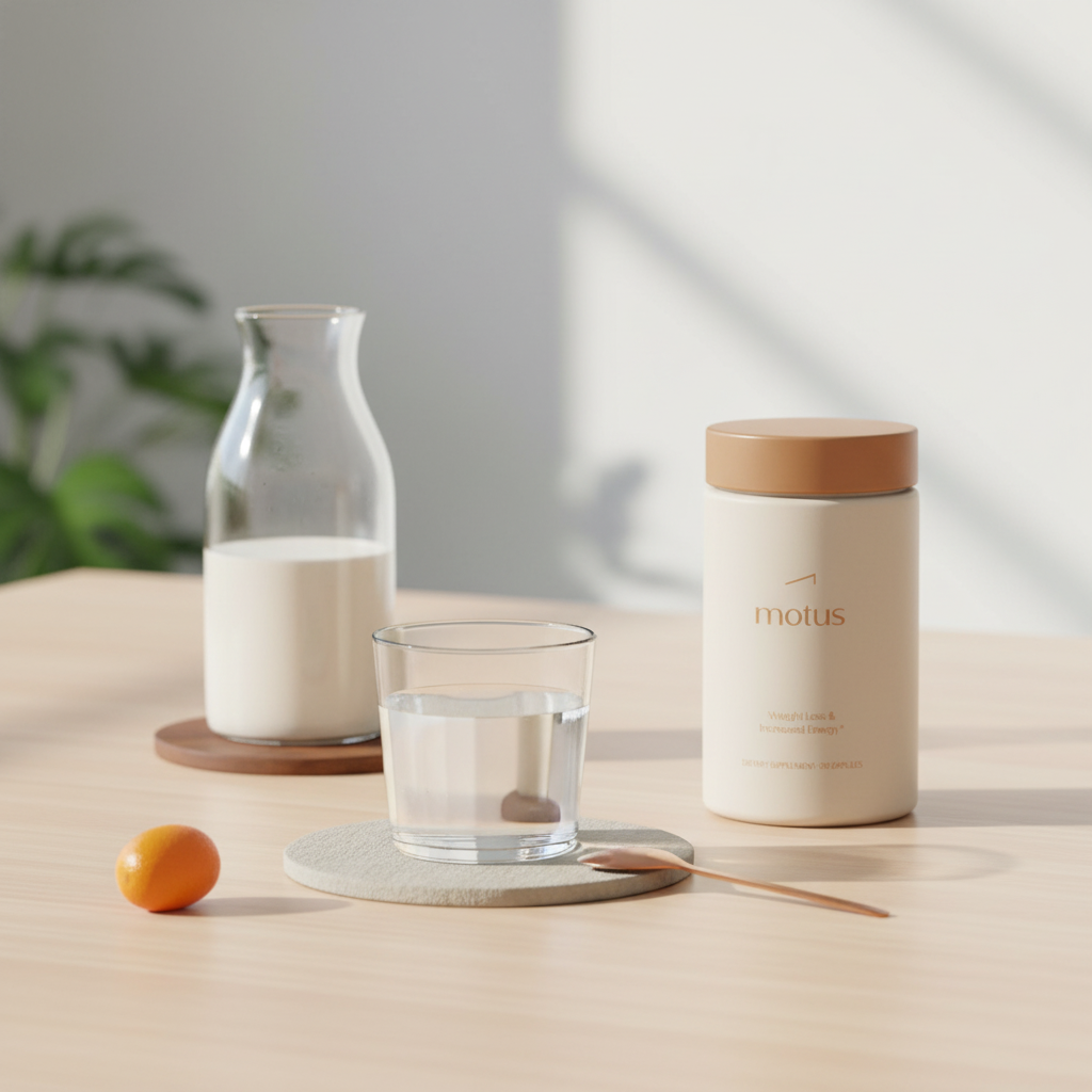 Minimalist breakfast scene with Tonum Motus jar beside a clear protein shake bottle and glass of water on a light wooden table, promoting protein shakes a day.