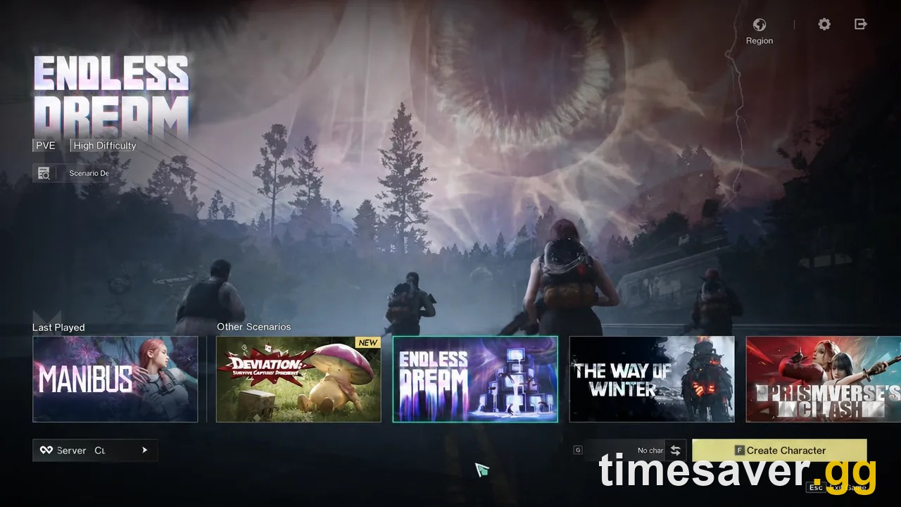 Once Human scenario and server selection screen showing Manibus, Endless Dream and The Way of Winter