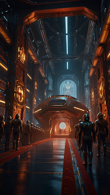 Futuristic Military Troops Marching Sci-Fi Hangar Corridor - Free mobile Wallpaper