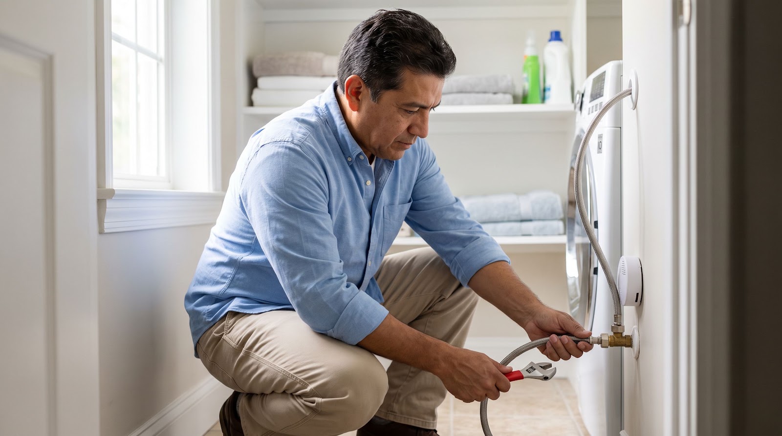 Florida home insurance washing machine leak prevention with a homeowner replacing washer hoses in the laundry area