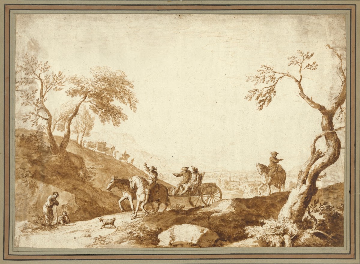 Landscape with Travellers Two Riding in a Carriage Driven by a Postilion and a T
