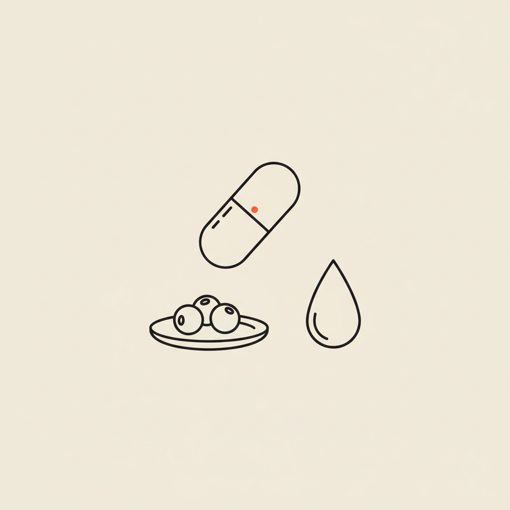 Minimalist Tonum-style vector line illustration of a capsule, plate with berries and a water droplet on beige background, representing probiotics for apron belly.