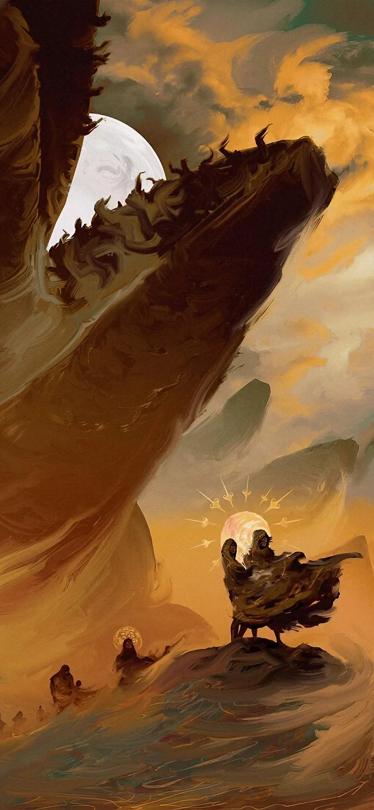 Apocalyptic Travelers In Golden Canyon - Dramatic Digital Painting iPhone Wallpaper (1015x2199)