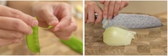 Thịt heo rửa sạch, thái lát mỏng cho vào tô ướp với 1 muỗng canh nước tương, 1 muỗng canh rượu sake và để 5 phút cho thấm. Đậu hà lan tách xơ, rửa sạch. Hành tây xắt lát. Bắp cải rửa sạch, xắt nhỏ. Cà rốt bào vỏ, xắt sợi.