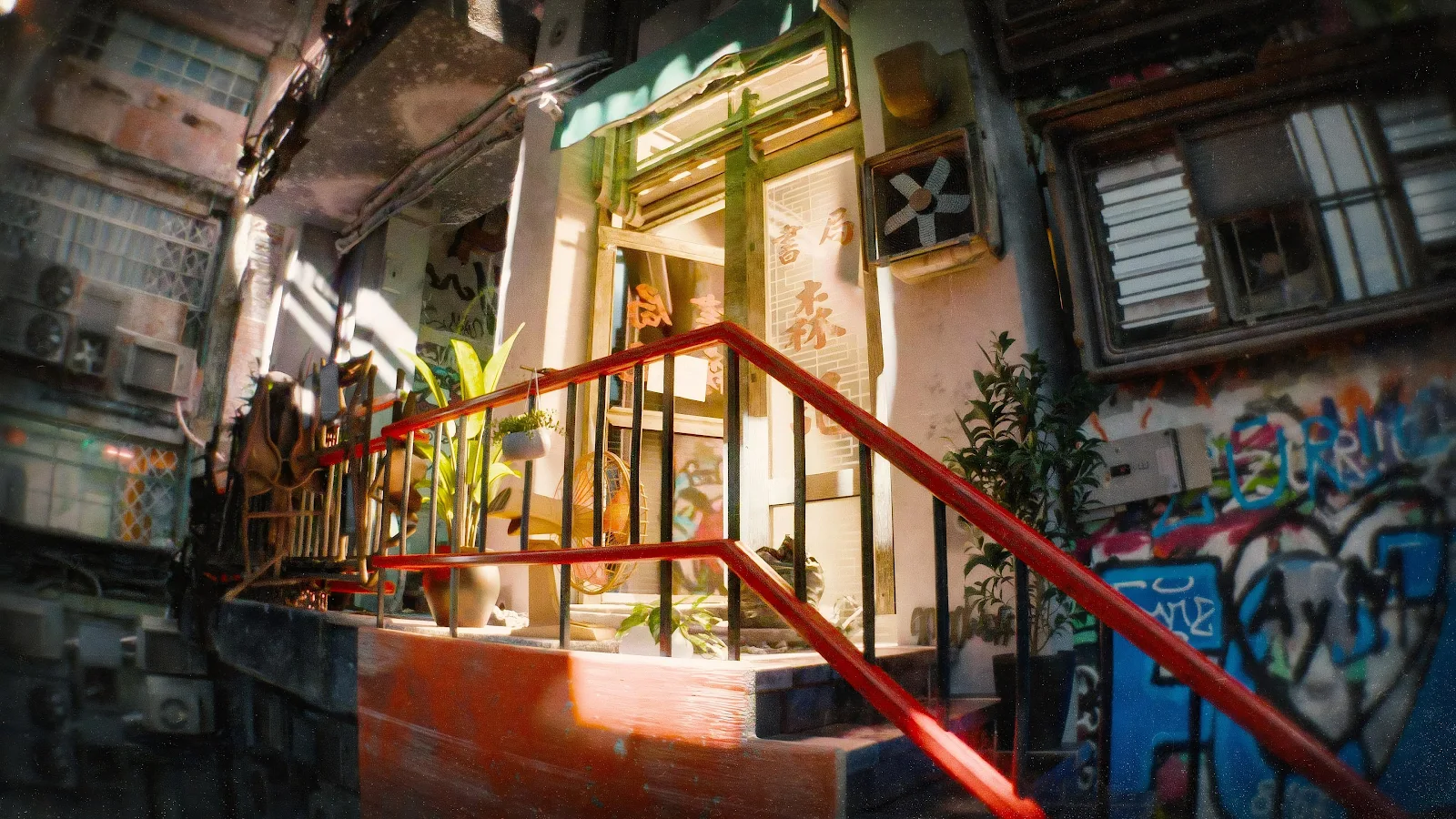 Sunny Urban Alleyway Shop - Digital Art 4K Wallpaper (3840x2160)