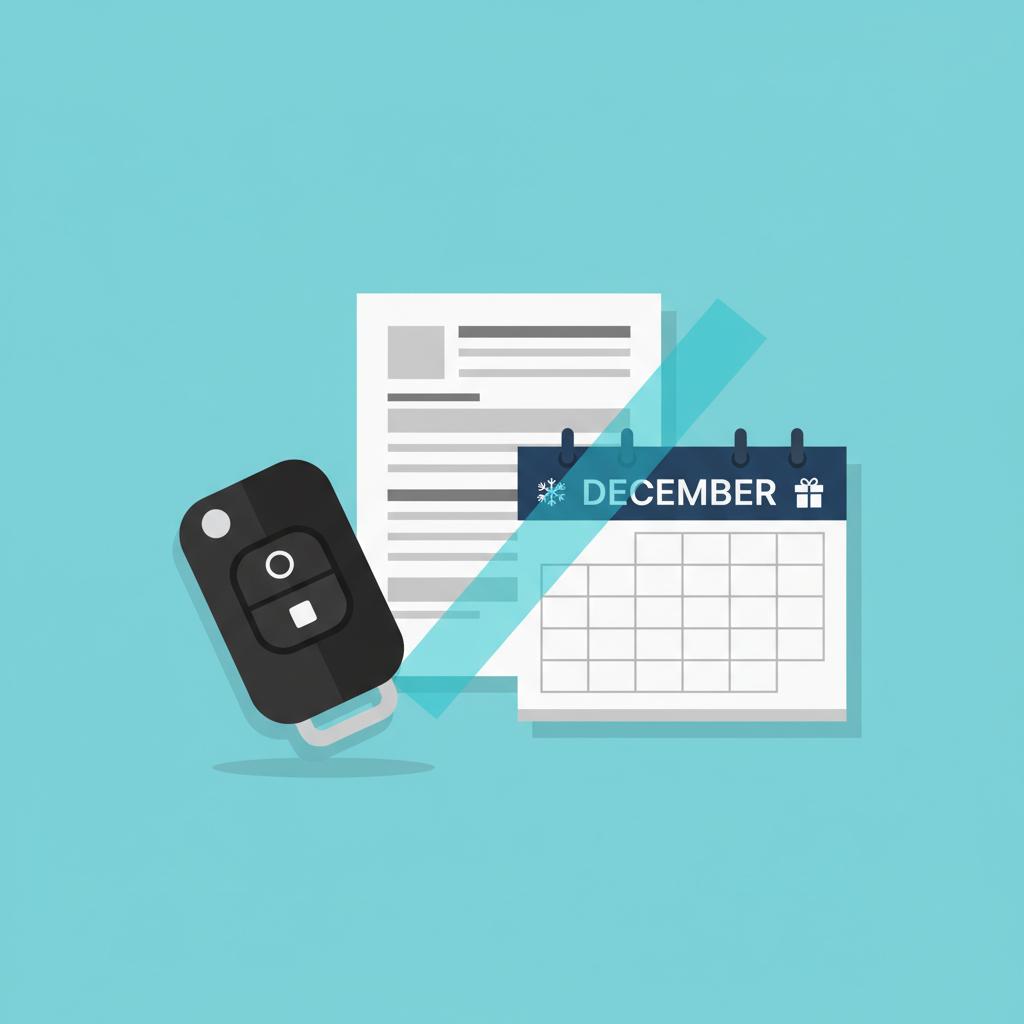 Minimal 2D vector of a generic car key fob and vehicle history report beside a December calendar with a 3666ed pen accent What is the best month to buy a Hyundai car
