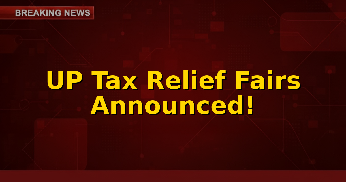 Illustration of commercial vehicles (trucks, buses) with a map of Uttar Pradesh in the background, symbolizing tax relief fairs.