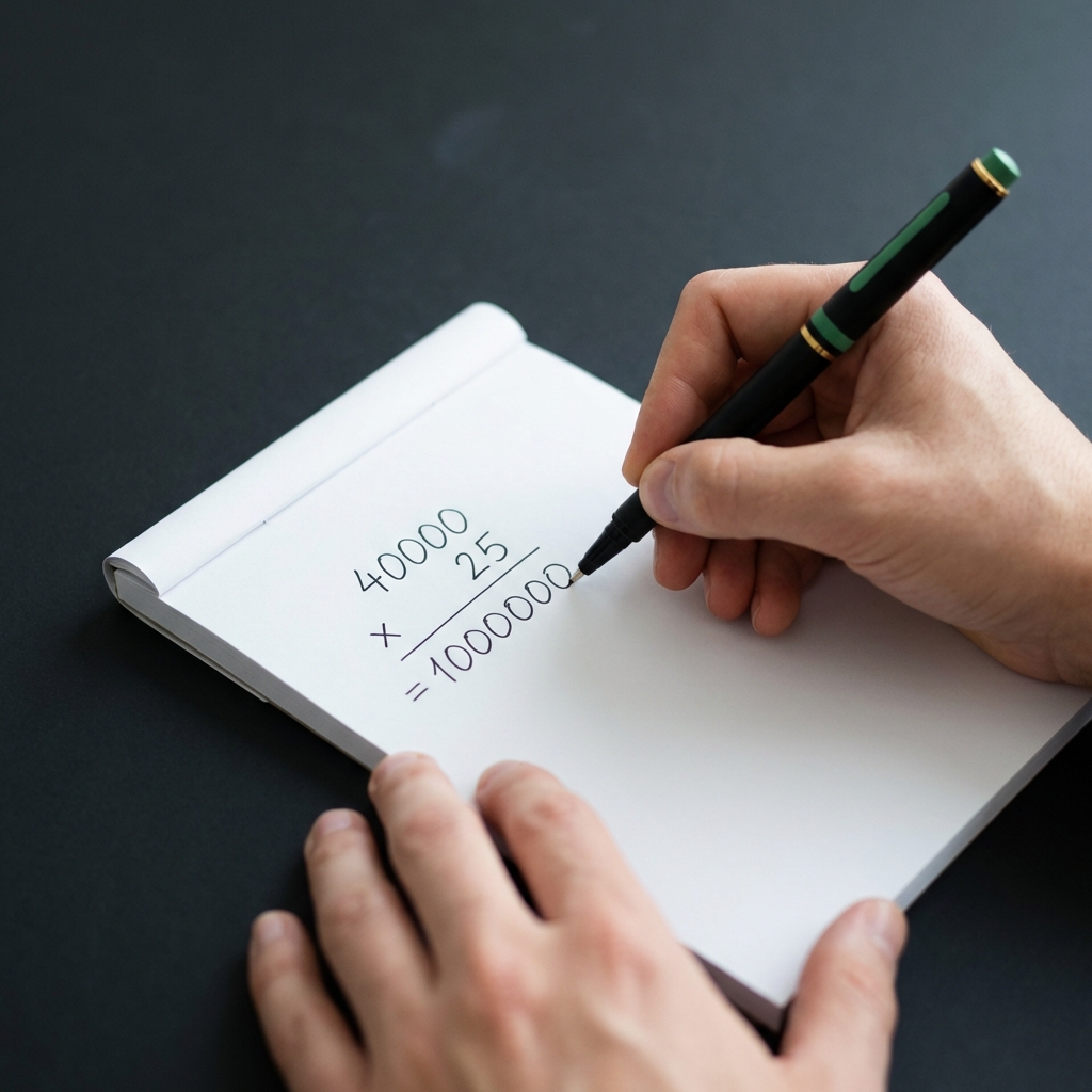 Close up of hands writing 40000 x 25 equals 1000000 on a white notepad on dark background representing financial independence tips