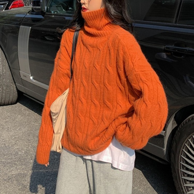 Damen-Strickpullover mit Zopfmuster und Rollkragen