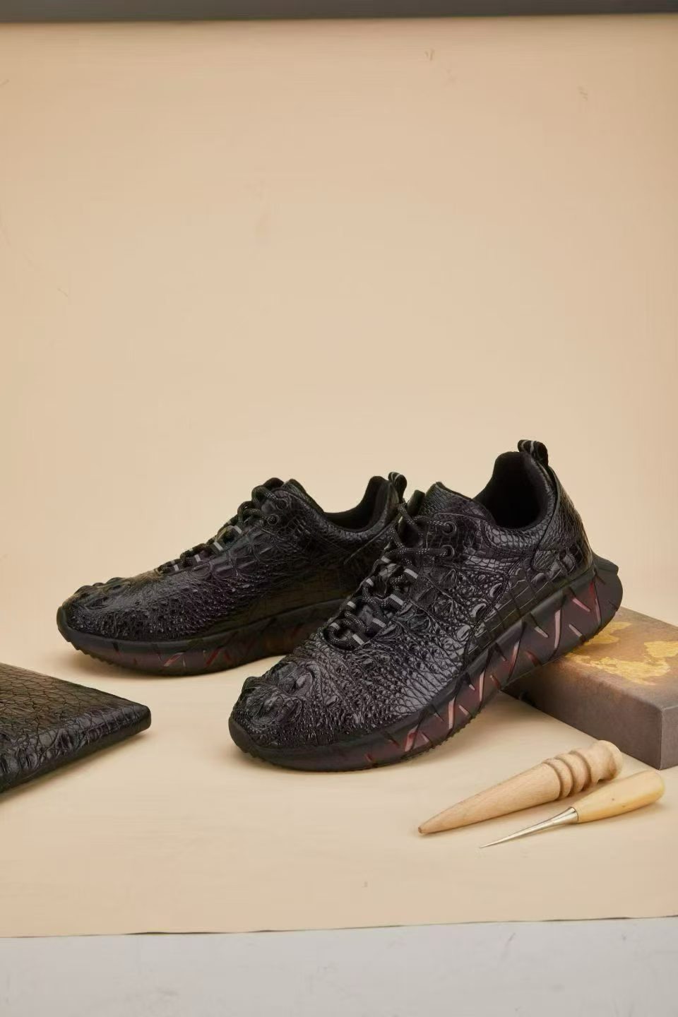 black genuine crocodile leather athletic sneakers with chunky rubber sole - detail 3