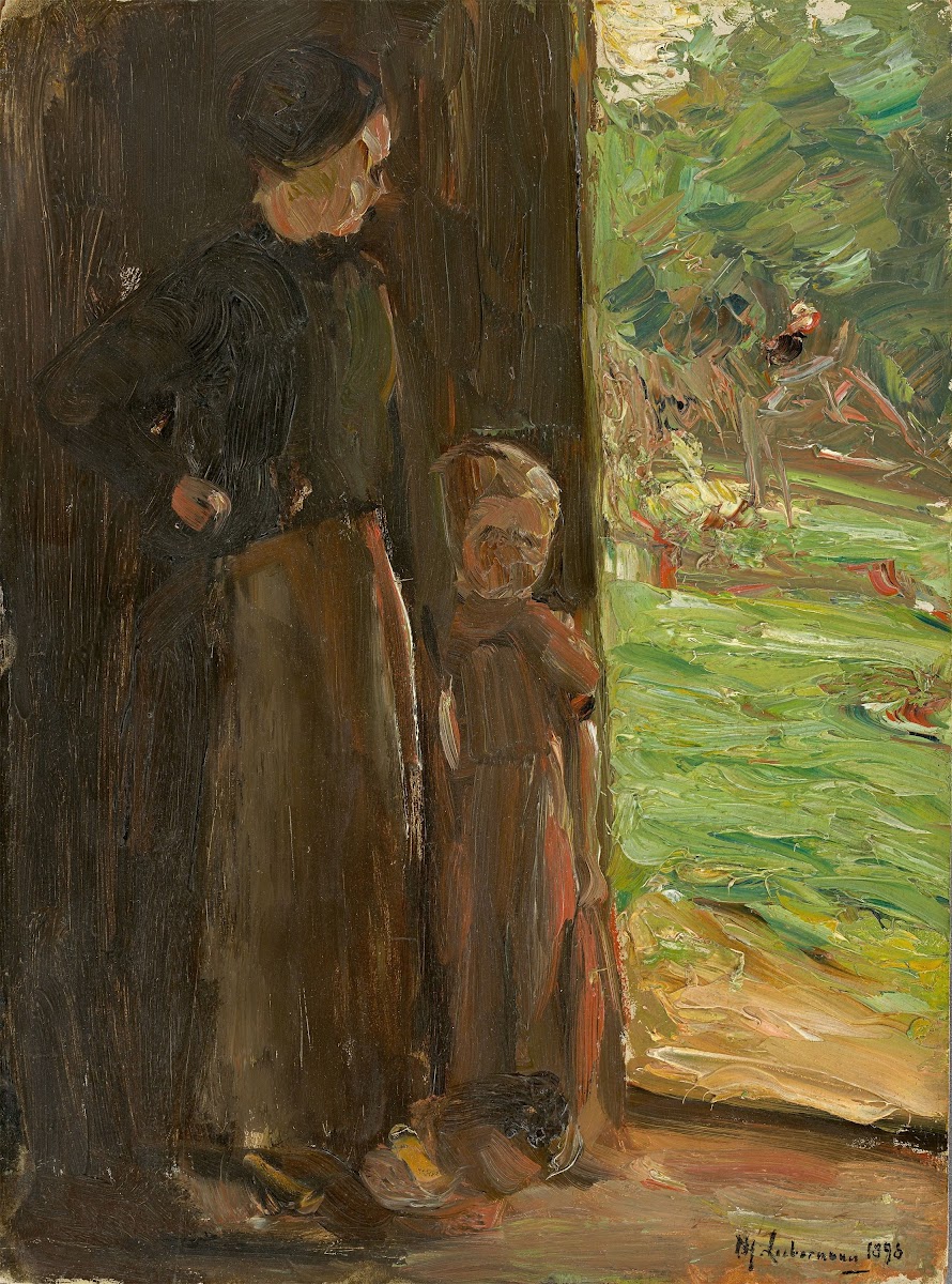 Bäuerin mit Kind unter der Tür  Frau und Kind in der Haustür 1898