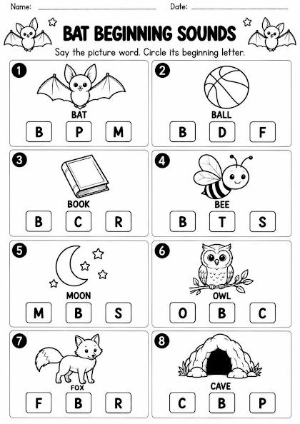Bat Beginning Sounds Worksheet