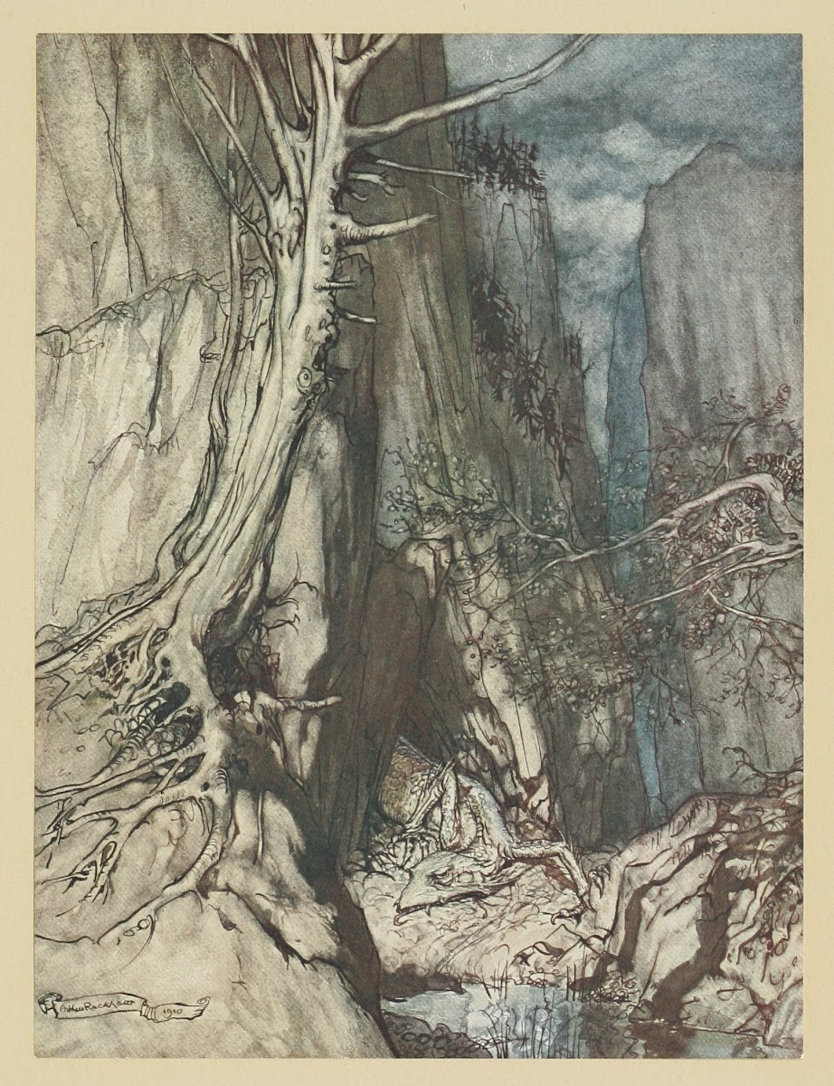 There as a dread Dragon he sojourns and in a cave keeps watch over Alberichs rin