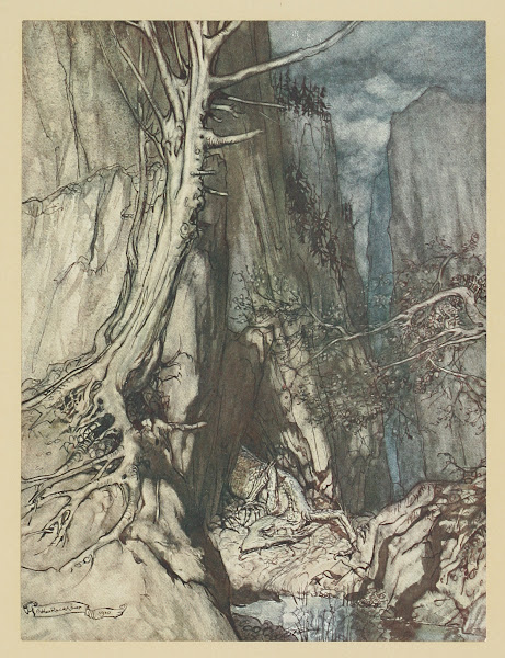 There as a dread Dragon he sojourns and in a cave keeps watch over Alberichs rin