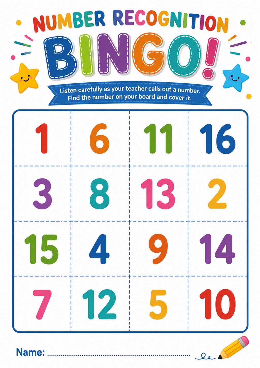 Number Recognition Bingo Worksheet