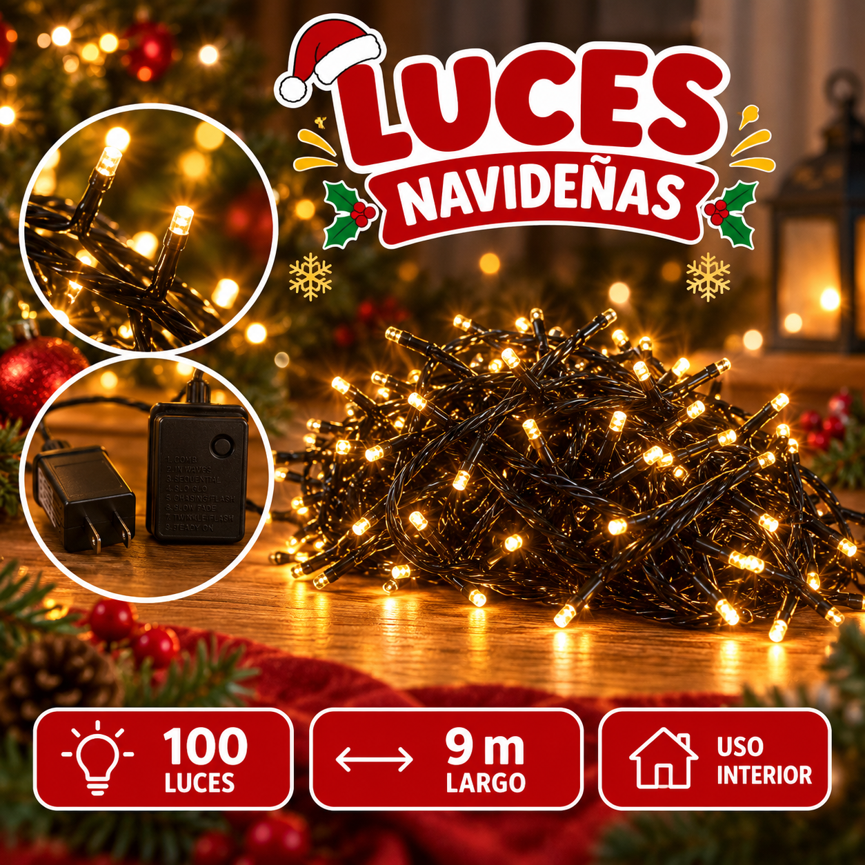 Serie de 100 luces navideñas 9 m con transformador