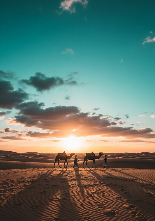 Desert Sunset Camel Caravan Silhouette
