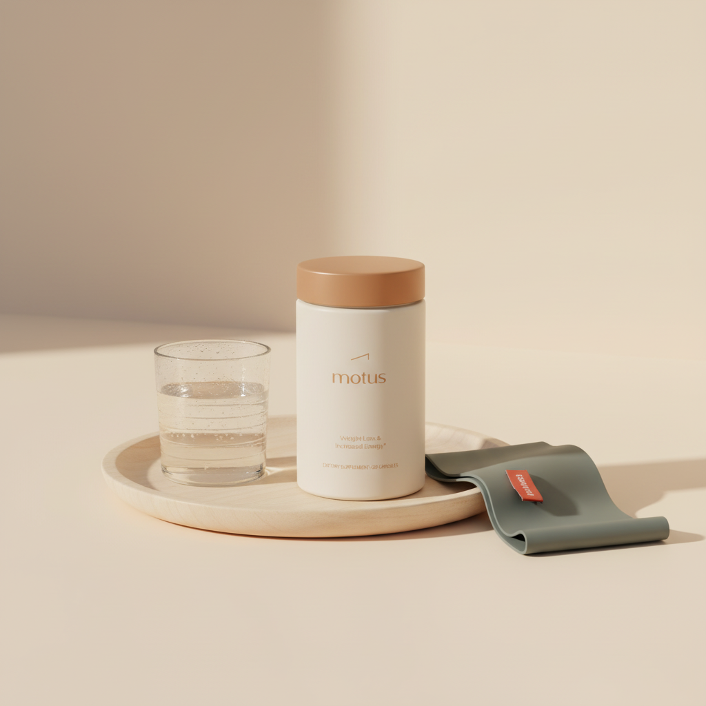 Minimal tabletop photo of Tonum Motus supplement jar on wooden tray with glass of water and folded workout band, highlighting supplements for perimenopause weight gain and daily routine.