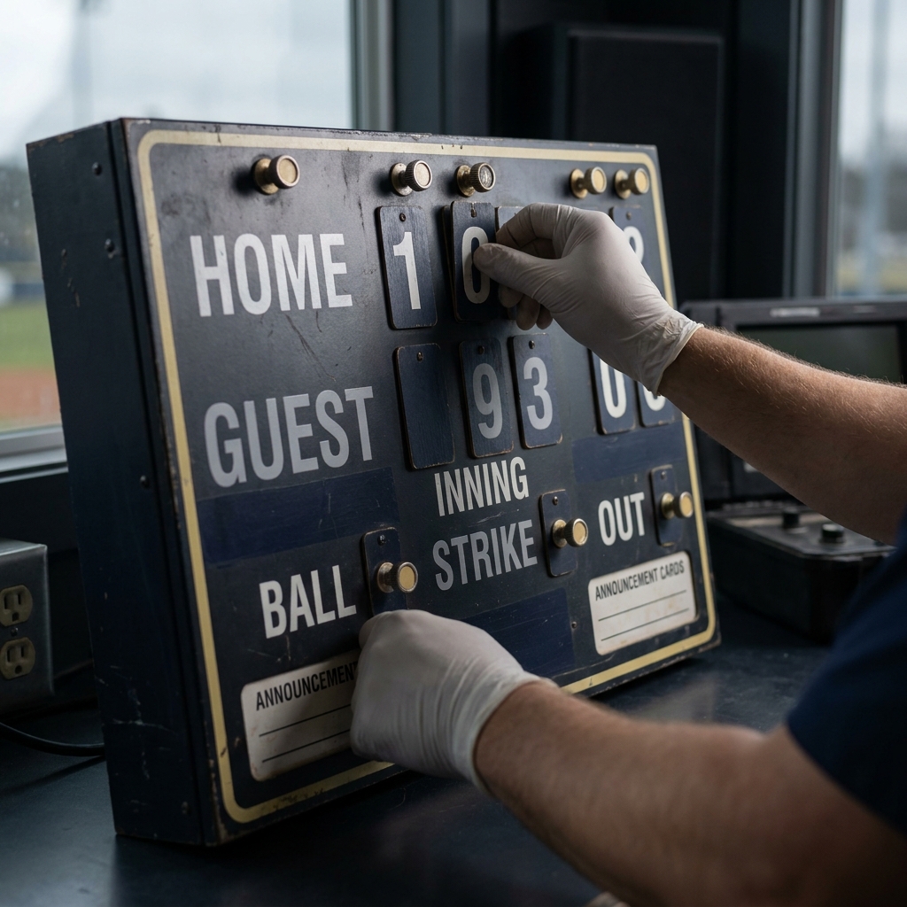 Close up of a manual stadium scoreboard in a press box showing official game data and announcements for padres phillies prediction