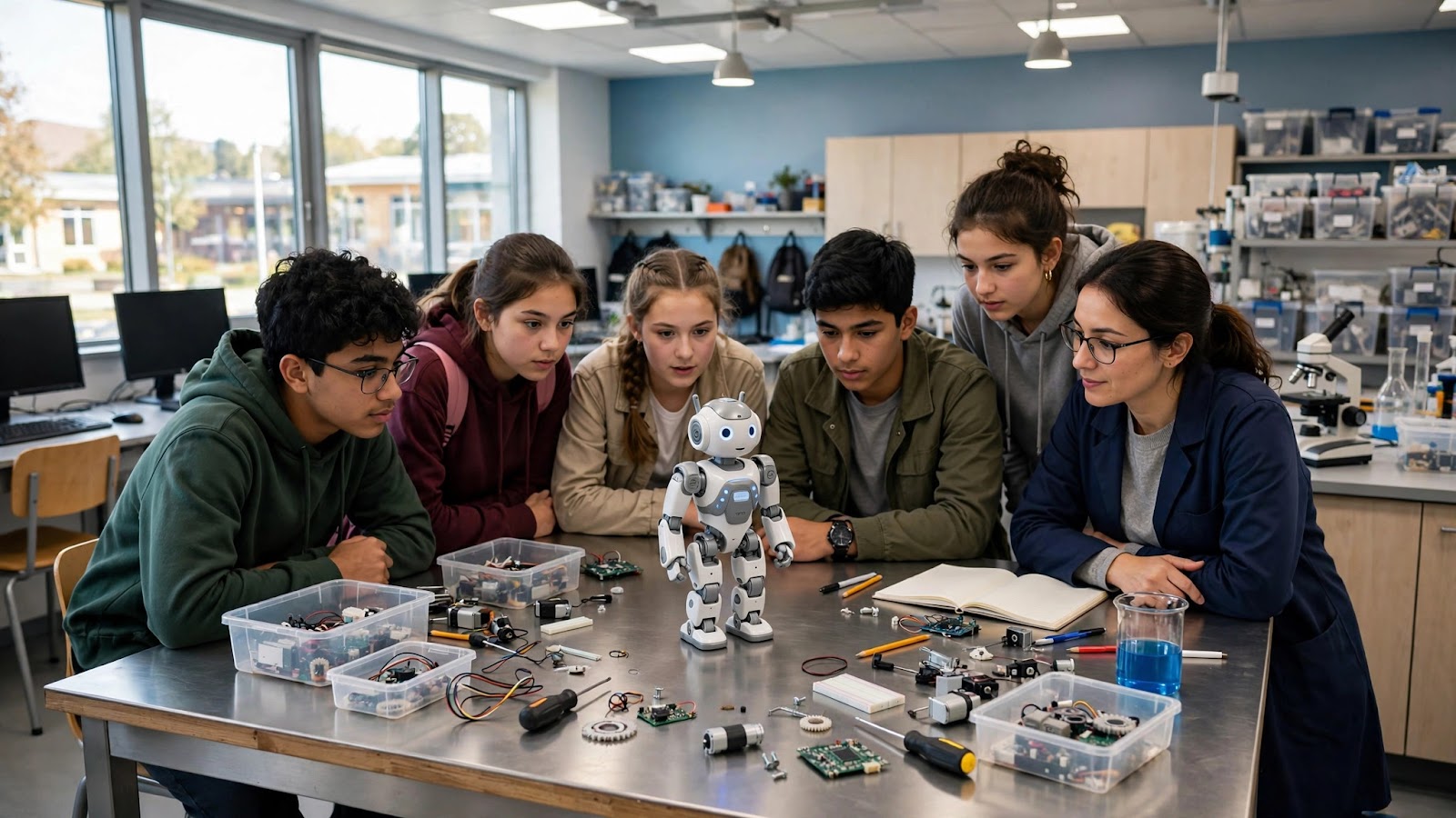 A small humanoid robot on a classroom science lab table as students gather around