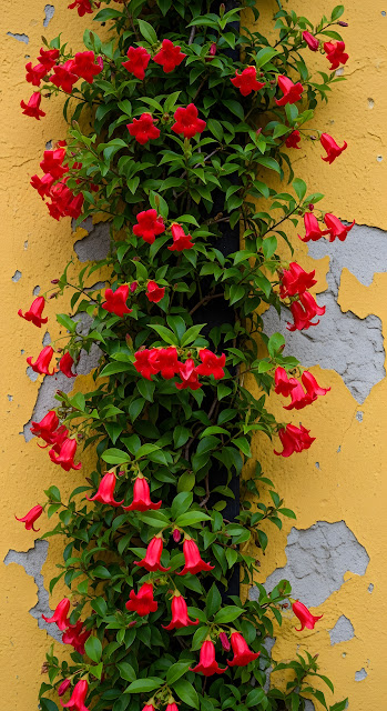 Red Trumpet Vine Climbing Peeling Yellow Stucco Wall - Free mobile Wallpaper