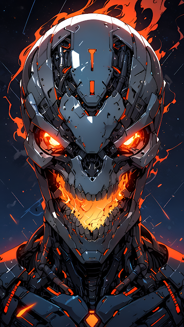 Fiery Robotic Skull Portrait Sci Fi Mecha Cyborg Art - Free mobile Wallpaper