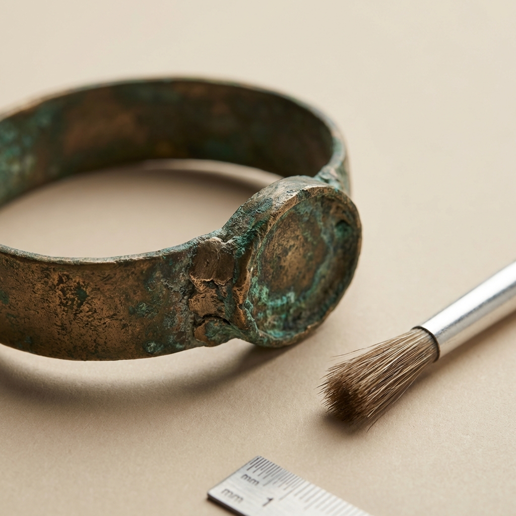 Close up of an ancient roman bracelet bezel and patina with conservator s brush beside it on beige background #ede7da highlighting original joins texture