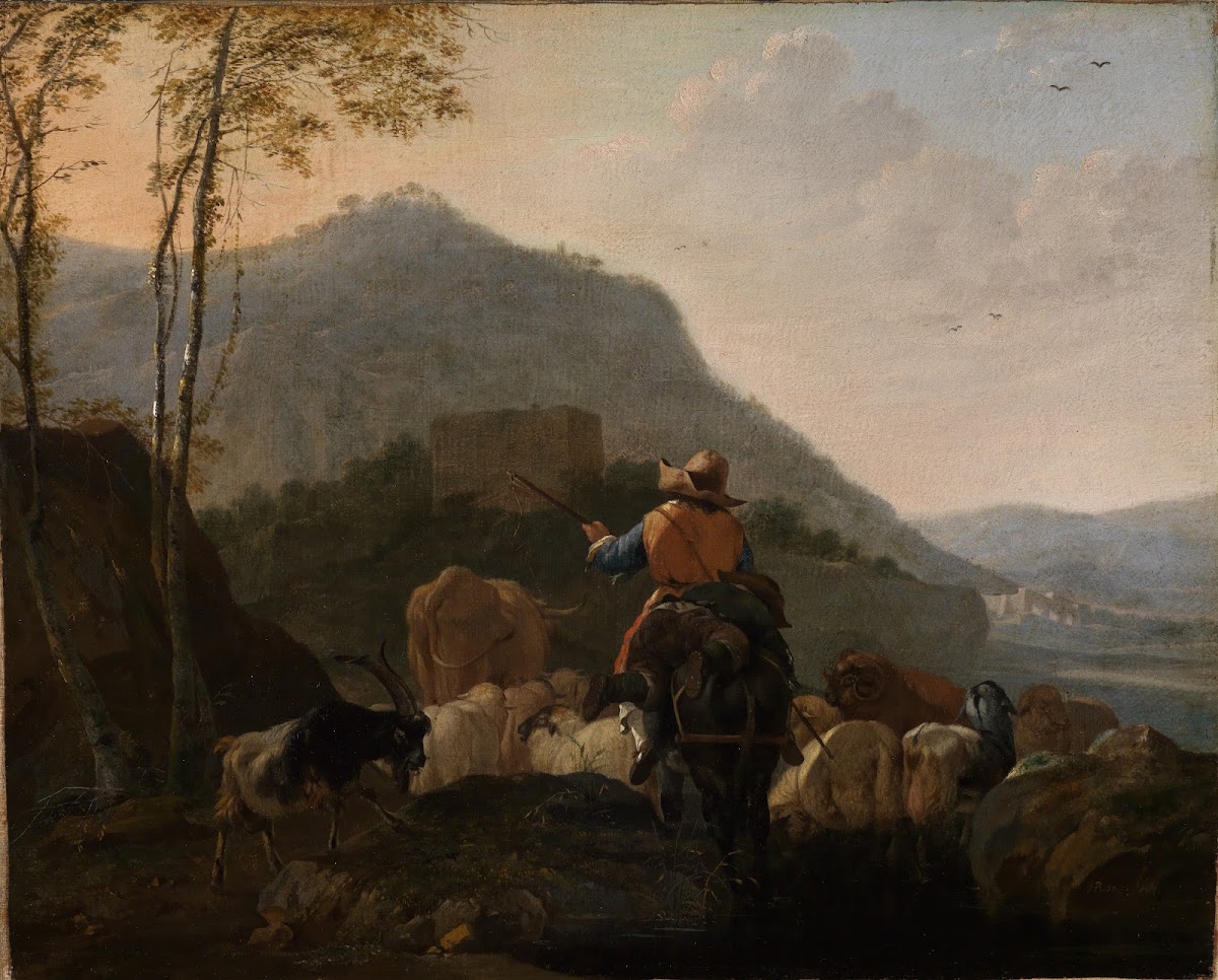 Ausziehende Hirten mit ihrer Herde in südlicher Berglandschaft ca 1670