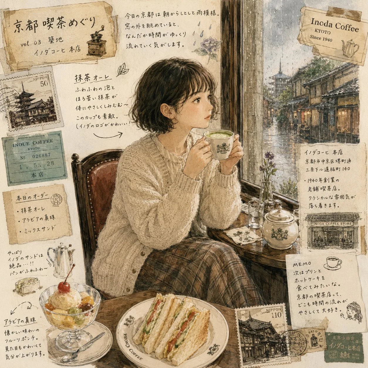 Escena de un café en Kioto: Estilos realista e ilustrado