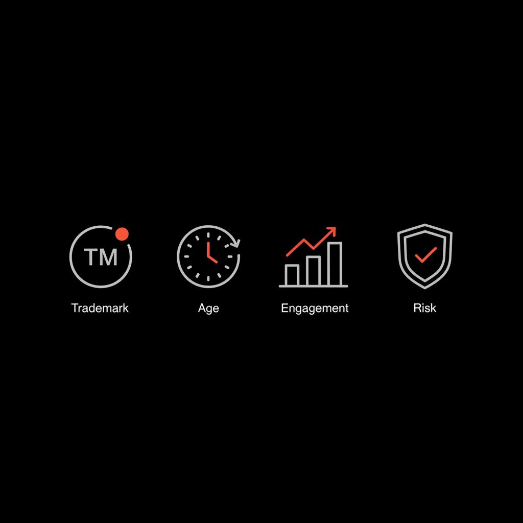 Minimal full-frame infographic of four icons (trademark, clock for account age, engagement graph, shield for legal risk) on black background with brand accents — instagram handle worth