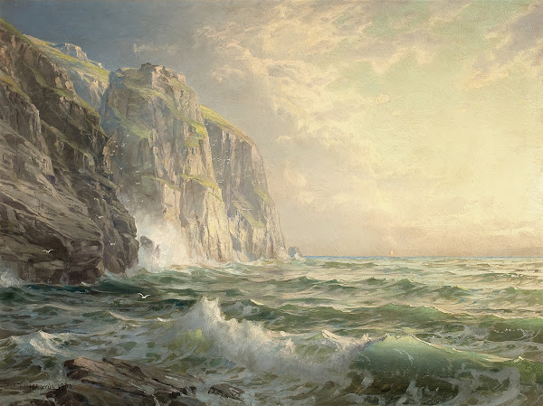 Rocky Cliff with Stormy Sea Cornwall 1902