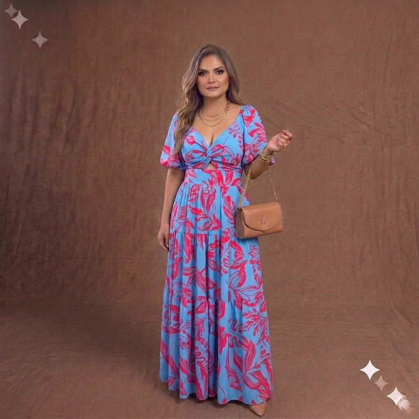 Vestido Largo Azul Estampado Floral